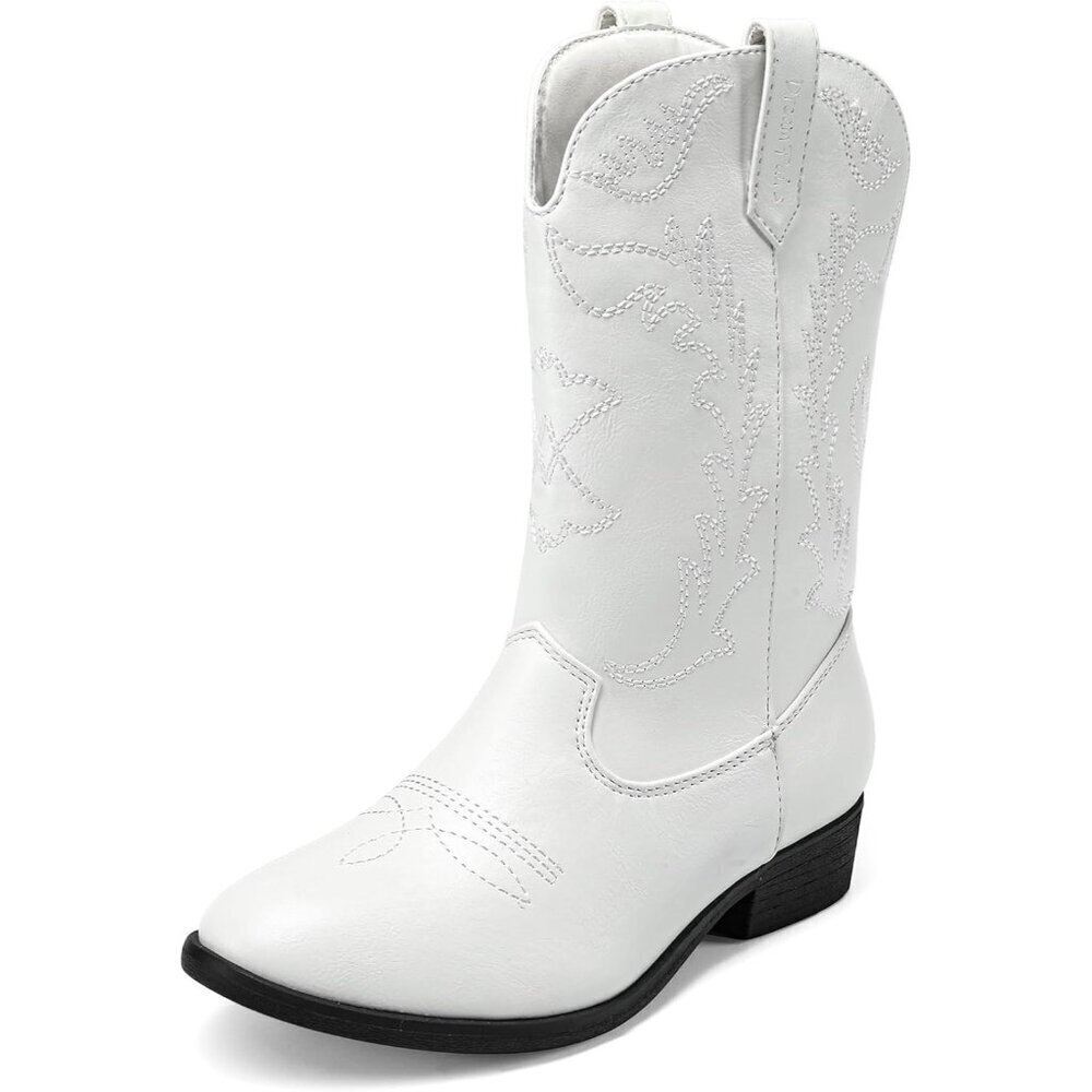 🆕Kids Dark White  Toddler Little Cowboy Western Square Toe Riding Calf Boots